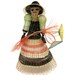 Vintage woven straw lady doll in dress with hat and flowers, girl folk art sculpture, delicate weaving, green, yellow, orange, black, ethnic