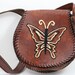 Vintage 1970s teen child purse, boho satchel, embroidered butterfly, brown pleather womens small handbag, whip stitch edging, naughahyde bag