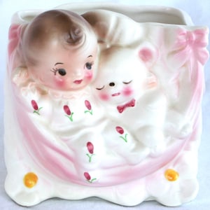 Vintage 1960s small Rubens baby girl and teddy bear planter, nursery decor, shower gift