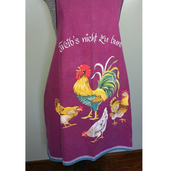 Vintage 1990s chicken lover bib apron, crowing rooster, Treib's nicht zu bunt, maroon farmhouse kitchen chef's apron, washable cook coverup