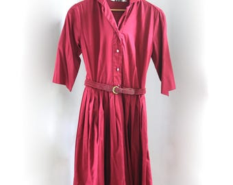 Vintage 1960s Lady Manhattan maroon red dress, above knee length shirtdress, belted button front