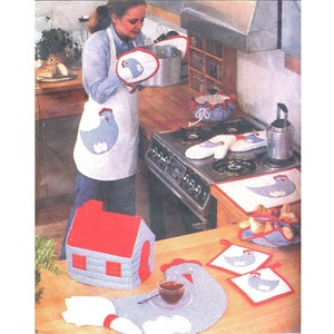 Vintage 1980s Simplicity House 124 chicken kitchen sewing pattern, hen apron, placemats, oven mitts, trivet, potholders, kitschy tea cozy image 1