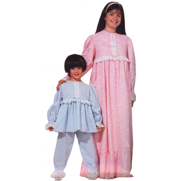 Vintage 1990s McCalls 6822 kids long nightgown sewing pattern, 2 piece pajama set, cottagecore pjs, sleepwear, XS S 2 4 6 7, M L 8 10 12 14