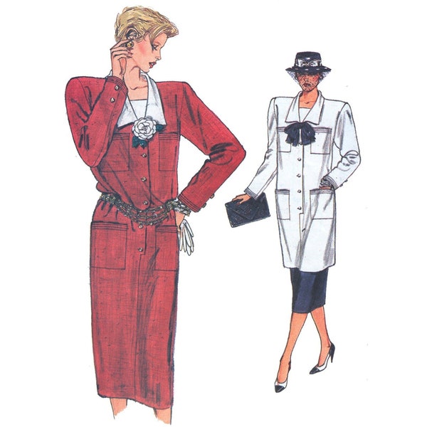Vintage 1980s Very Easy Vogue 9155 wedge dress sewing pattern, midi coat dress tunic and skirt, square shoulder, size 12 14 16 bust 34 36 38