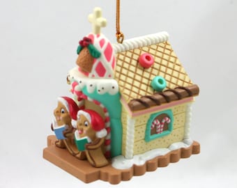 Vintage 1990s gingerbread church ornament, cookie carolers, Christmas decoration, pastel candy house, kids xmas
