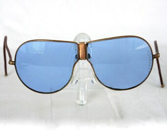 Vintage 1940s WWII Rockglas aviator sunglasses, blue tinted lenses, wrap around face, original case