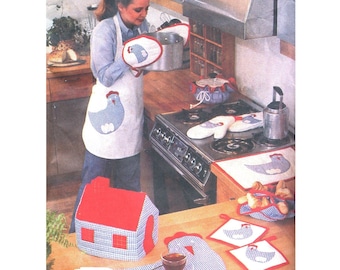 Vintage 1980s Simplicity House 124 chicken kitchen sewing pattern, hen apron, placemats, oven mitts, trivet, potholders, kitschy tea cozy