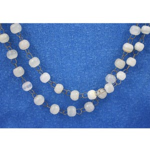 Vintage 1930s white quartz bead necklace, 44" inch long double strand, natural stone necklace, wire loop jewelry, round rondelle beads