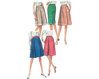 Vintage 1960s Simplicity 5884 skirt sewing pattern, pleated knee length skirt, side zipper, short straight skirt back slit, waist 28 hip 38