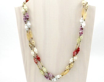 Vintage 1960s multi color agate stone bead necklace, 46" long double strand, earth tones