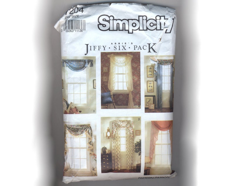 Vintage 1990s Simplicity 7204 curtain sewing pattern, window treatments, Abbie's Jiffy Six Pack, decorative festoon, jabot, ruffles flounces image 2