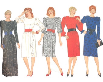 Vintage 1980s Butterick 6184 sewing pattern, puffed sleeve dress, evening or midi, size 6-10