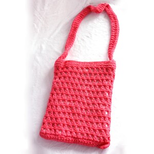 Vintage 1970s boho handbag, bright coral crocheted shoulder bag, pink orange handmade openwork market satchel, hippie teen tween tote