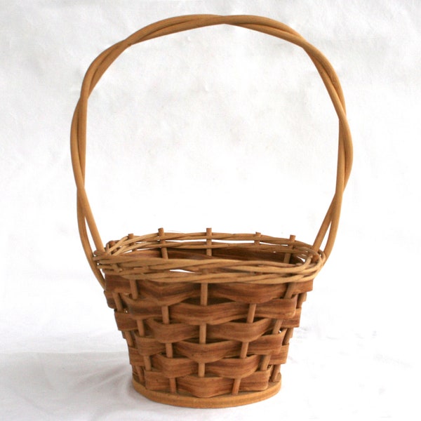 Vintage 1970s small gathering basket, kids Easter basket, high round handle, basket collector gift, natural brown reed wood, Gen X childhood