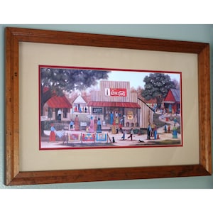 Vintage 1980s Stuckey Flats country store print, Beth Cummings, large 28x18 folk art, church quilt bake sale, Coca Cola sign, American South