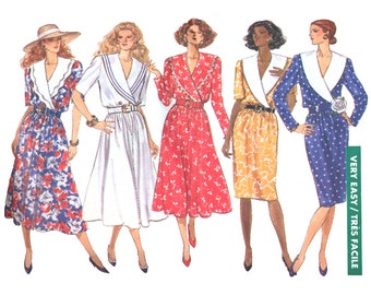 Vintage 1980s Butterick 3928 belted midi dress sewing pattern, shawl collar, padded shoulders, full skirt, short long sleeves, size 12 14 16