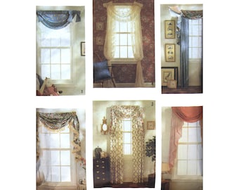 Vintage 1990s Simplicity 7204 curtain sewing pattern, window treatments, Abbie's Jiffy Six Pack, decorative festoon, jabot, ruffles flounces