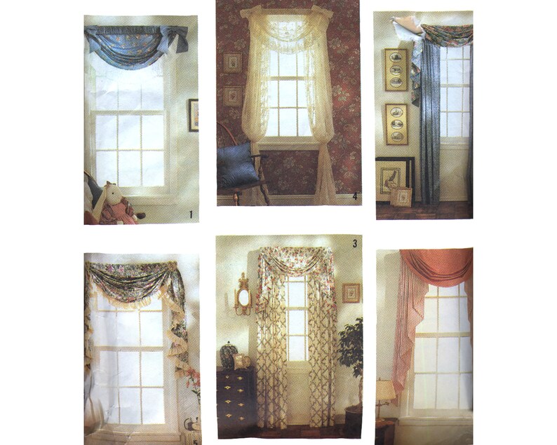 Vintage 1990s Simplicity 7204 curtain sewing pattern, window treatments, Abbie's Jiffy Six Pack, decorative festoon, jabot, ruffles flounces image 1