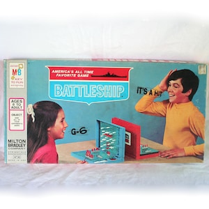 Vintage 1960s Battleship game, Milton Bradley strategy naval battle game, GenX childhood, family game night, 2 player game, ages 8 to adult