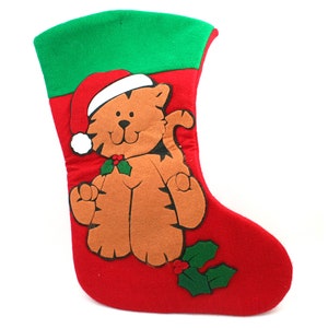 Vintage 2000s cat Christmas stocking, brown xmas kitty with Santa hat, red white green holiday mantle decoration, full-size pet stocking