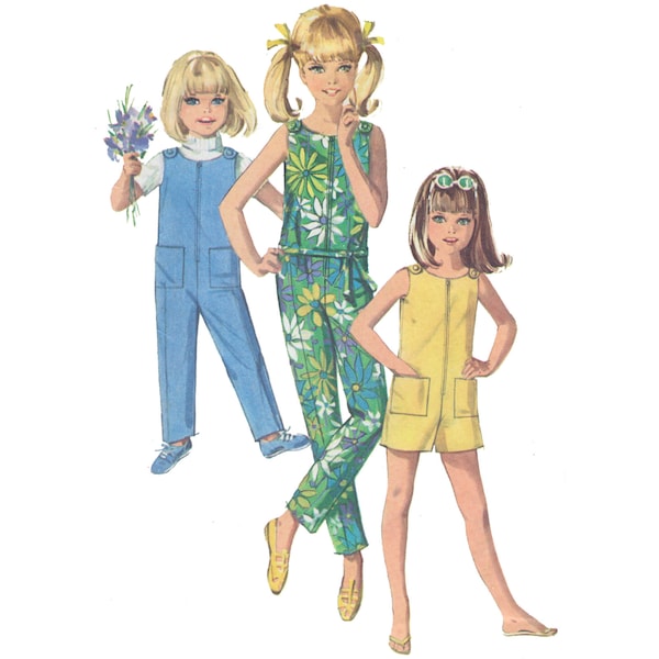 Vintage 1960s Simplicity 7154 girls sleeveless jumpsuit sewing pattern, long or short pants, front zipper close, patch pockets, kids size 8