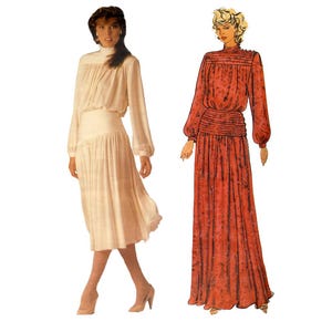 Vintage 1980s Vogue 1591 long sleeve floor length or midi dress sewing pattern, John Anthony American Designer, Size 10 bust 32 33 UNCUT FF