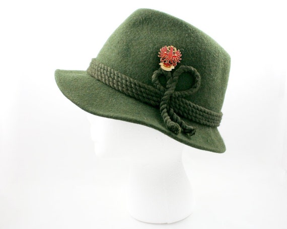 Green German Tyrolean Hat Oktoberfest Wool Felt Bavarian Alpine Chapeau Fedora Rope Hat