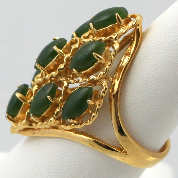 Vintage gold trellis with 9 green oval stones ring, oversized statement jewelry, twisted gold wire diamond shape, jade stones, large size 8