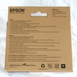 May include: A cardboard box for an Epson T324320 ink cartridge. The box is tan with black text, including the Epson logo and product information. The package contains 14ml of ink and includes safety warnings.