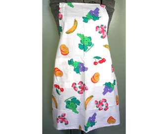 Vintage multicolor fruit print chef's apron, unfinished sewing project, grapes, oranges, bananas, strawberries, cherries