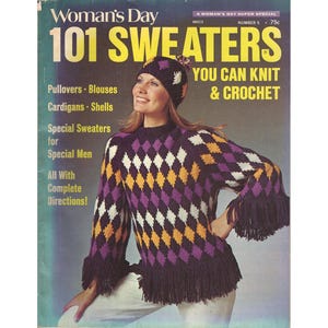 Vintage 1970s Woman's Day 101 Sweaters You Can Knit & Crochet, women, men, kids