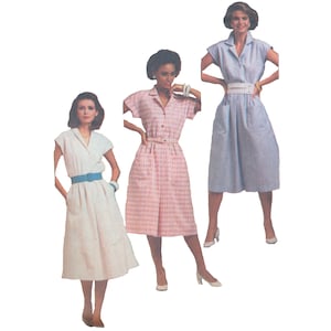 Vintage 1980s Simplicity 6787 belted midi dress sewing pattern, shawl or notched collar, below knee, short cap sleeve, plus size 16 bust 38