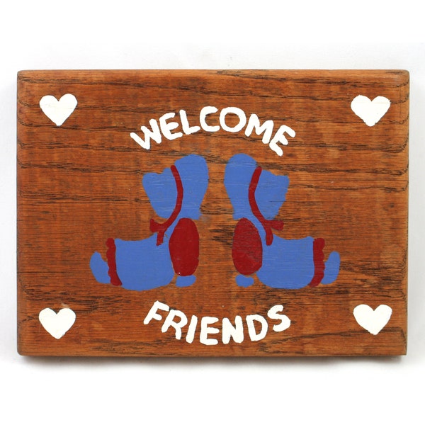 Vintage 1980s small wood Welcome Friends sign, handmade country home decor, blue red Sunbonnet Sue girls, white hearts, warm brown oak