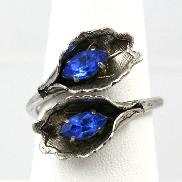 Vintage statement ring, silver wrap calla lily ring, blue marquise stones, adjustable size 8 ring, floral costume jewelry, art deco vibe