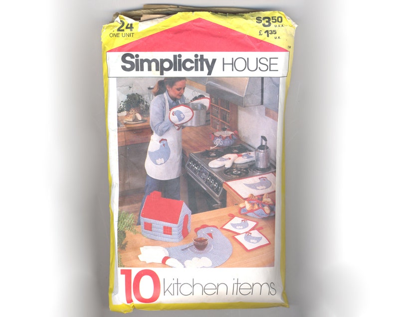 Vintage 1980s Simplicity House 124 chicken kitchen sewing pattern, hen apron, placemats, oven mitts, trivet, potholders, kitschy tea cozy image 2