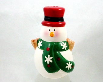 Vintage snowman salt shaker, holiday tablescape centerpiece, Christmas white snow person, red hat, green scarf, carrot nose, shelf sitter