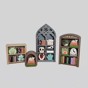 May include: Miniature bookshelves with various decorative items. One shelf features a frog, books, and a crescent moon. Another has a cat, books, and a heart. Other shelves include a skull, candles, and a clock.