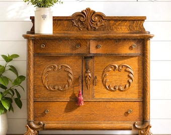 Stunning Antique Quarter Sawn Oak | Empire Victorian Buffet | Server | Sideboard