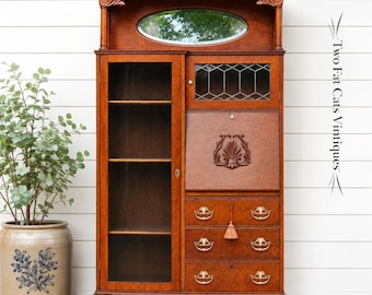 Antique Oak Side-by-Side Secretary Desk | Bookcase | China Cabinet | Larkin-style