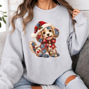 Christmas Dog Sweatshirt, Cute Patchwork Puppy Crewneck, Santa Hat Holiday Pullover for Dog Lovers