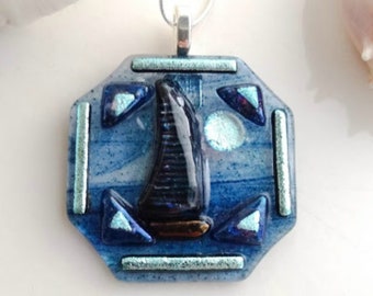 MOONLIGHT SAILING Full Moon Sailboat Jewelry Pendant Necklace , Special Unisex Gift for Sailors & Boat Owners , Fused Glass , Silver Plated