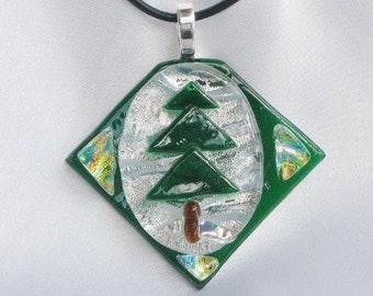 Green Pine Tree Jewelry WINTER FOREST Pendant Necklace Dichroic Fused Glass, Special Gift for Nature Lovers Skiers Hikers & Ice Skaters