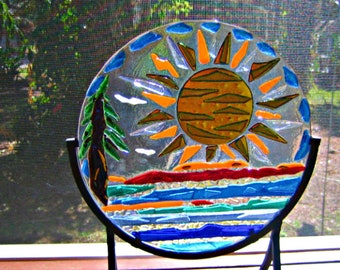 SUNSET Colorful Suncatcher Dichroic Fused Glass  Sunrise Over the Ocean or Lake - Home Decor - Special Housewarming Gift