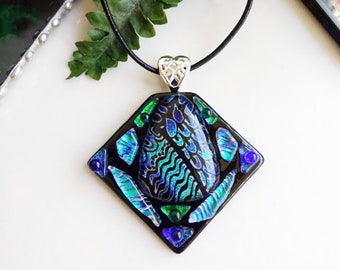 PEACOCK FEATHER Jewelry Pendant Necklace , Dichroic Fused Glass , Medieval Fantasy Good Luck Charm Amulet for Bird Lovers , Silver Plated