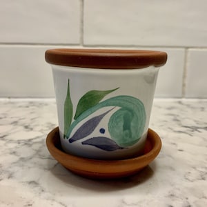 May include: A small, white ceramic plant pot with a brown rim and matching saucer. The pot is decorated with green, blue, and purple abstract leaf designs. The pot and saucer are made of terracotta.