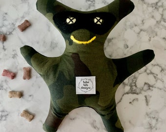Camo Monster Dog Toy, Squeaky Plush, Tough Upholstery Fabric
