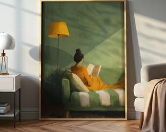 Minimalist Reading Woman Canvas Print, Cozy Book Lover Wall Art, Relaxing Illustration