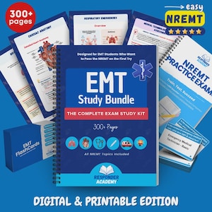 Könnte beinhalten: Ein EMT-Studienpaket mit blauem Einband, Spiralbindung und dem Text "EMT Study Bundle" und "The Complete Exam Study Kit". Das Bild enthält auch Karteikarten, Übungsprüfungen und Seiten mit medizinischen Diagrammen. Der Text "Digital & Printable Edition" steht unten.