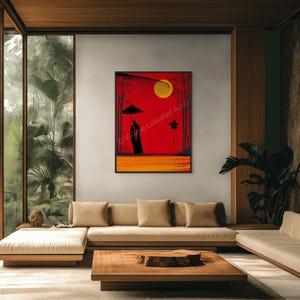 Peut inclure: Une œuvre d'art encadrée avec un fond rouge présente une silhouette noire d'une personne sous un parapluie, un soleil jaune et une lanterne. L'œuvre est signée "Valerie Loeuillet Art". L'œuvre est accrochée au-dessus d'un canapé beige dans un salon moderne.