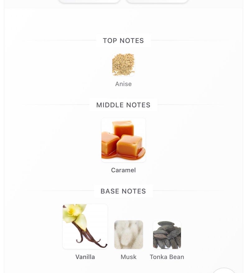 May include: An image displaying the fragrance notes of a perfume. Top notes include anise. Middle notes feature caramel. Base notes include vanilla, musk, and tonka bean. The image is set against a white background.
